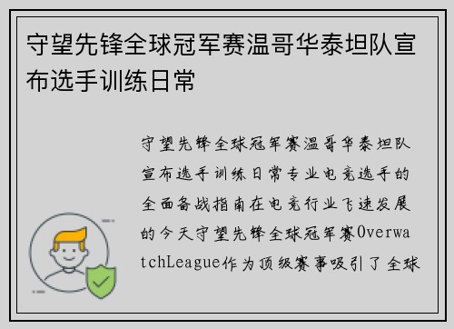 守望先锋全球冠军赛温哥华泰坦队宣布选手训练日常