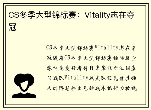 CS冬季大型锦标赛：Vitality志在夺冠