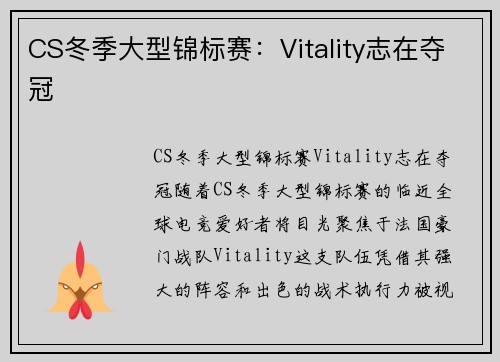 CS冬季大型锦标赛：Vitality志在夺冠